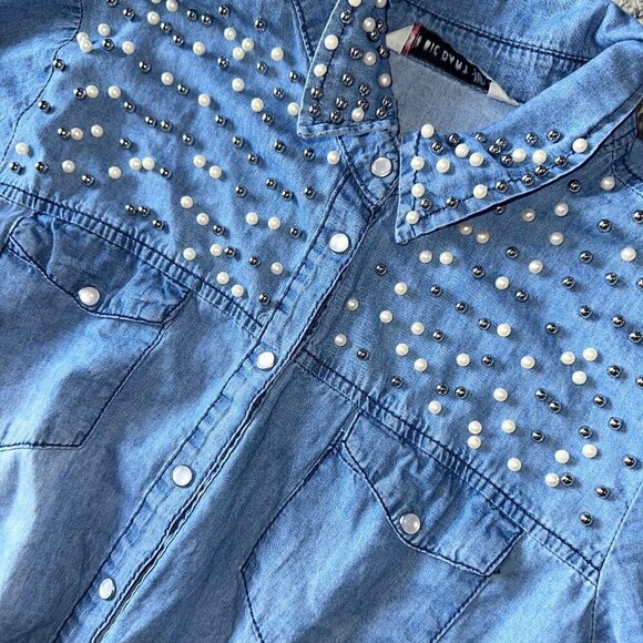Big Dart Embellished Pearl Rhinestone Denim Shirt Hi Low Tunic Medium - Picture 4 of 10